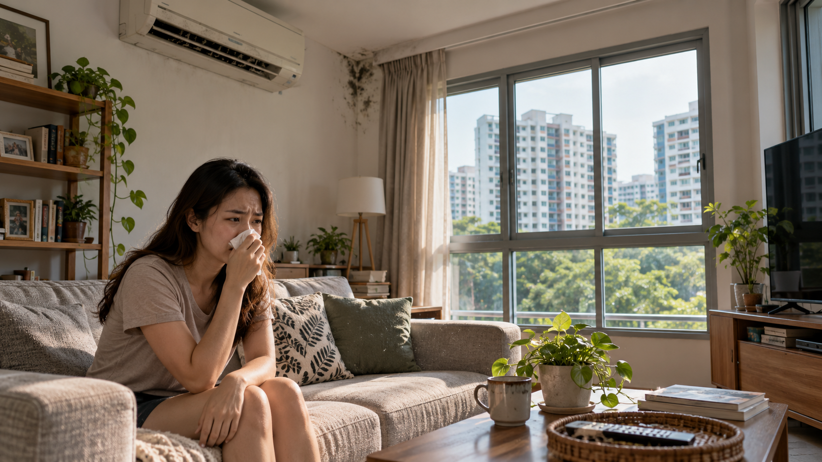 Singapore resident affected by poor indoor air quality in an HDB living room